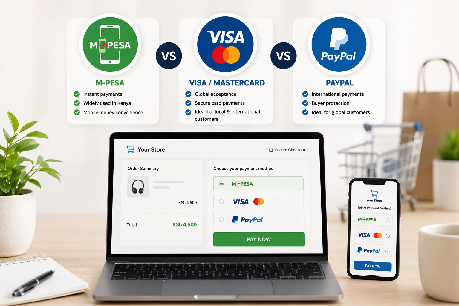Payment Gateway Options for Kenyan Online Stores: M-Pesa, Visa, PayPal Compared article image
